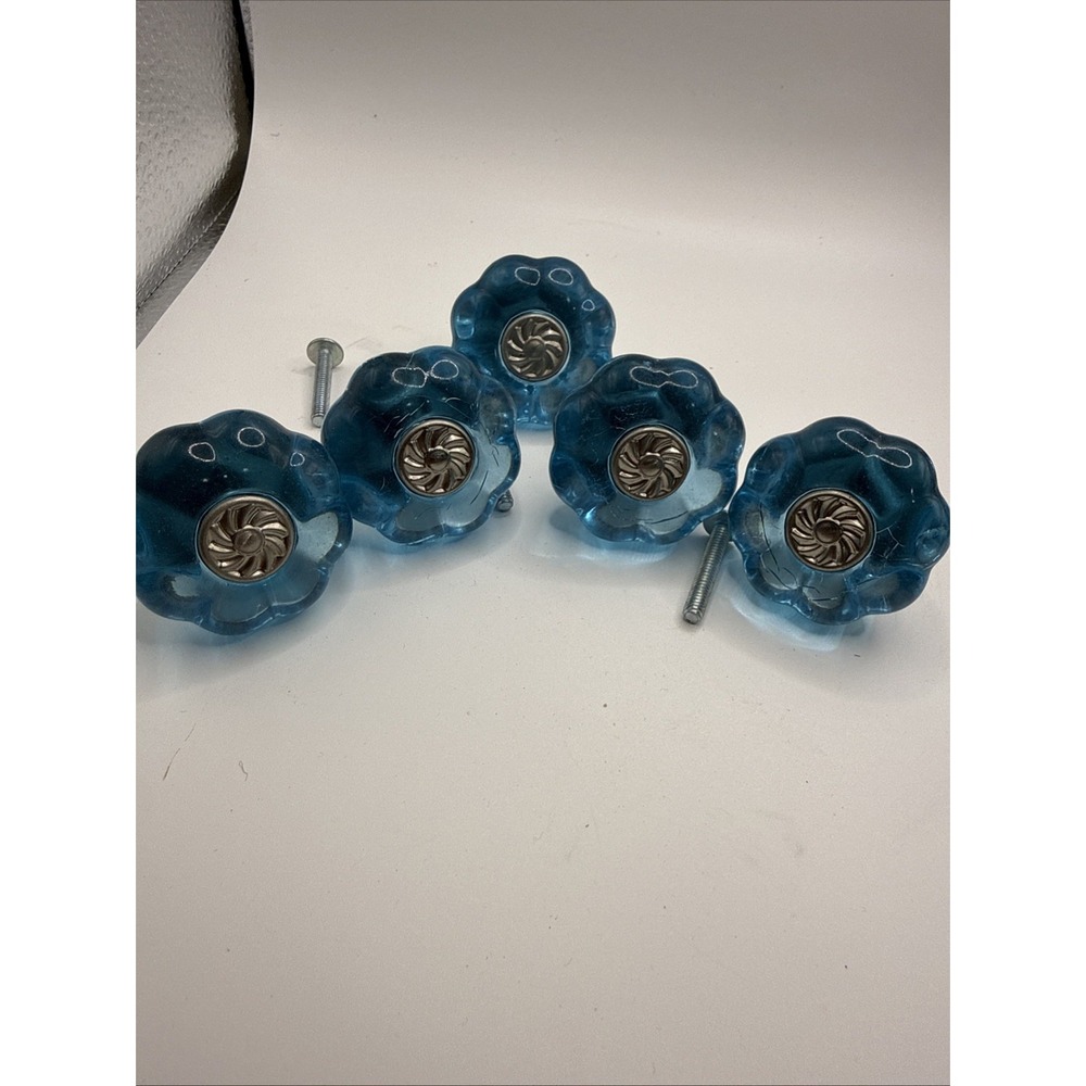 Set of 4 Blue Acrylic Flower Drawer Knobs Cabinet Pulls Craft Hardware READ